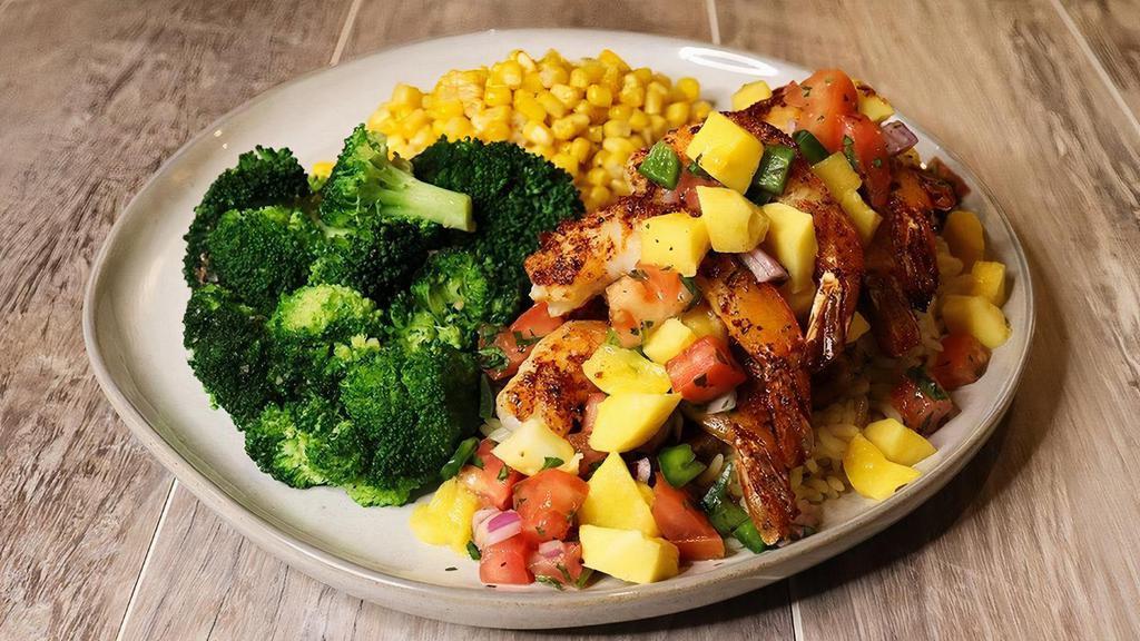 New! Sizzlin' Mango Duo & 8 Shrimp · Blackened tilapia fillet and grilled shrimp, topped with diced mangos and pico de gallo, served over rice pilaf.