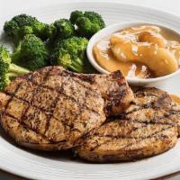 Center Cut Pork Chops · Two, juicy, center cut pork chops, seasoned and grilled, served with cinnamon apples.