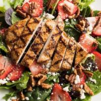Strawberry Pecan Salad · Spring mix greens, freshly sliced strawberries, . candied pecans and bleu cheese crumbles, s...