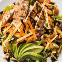Tex Mex Salad · Cheese, black beans, corn salsa, fresh avocado, topped with tortilla strips and served with ...