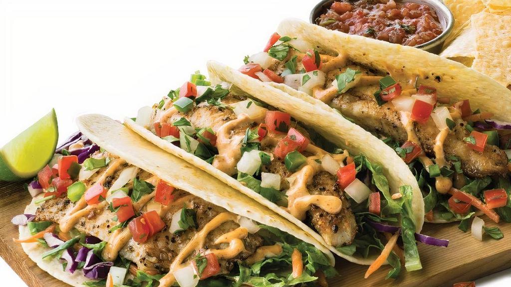 Grilled Fish Street Tacos · Three warm tortillas filled with fresh pico de gallo, homemade slaw, and zesty chipotle sauce, served with homemade queso, freshly made salsa and warm, crunchy tortilla chips .