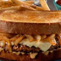 Patty Melt · 7 oz. angus beef patty covered in melted swiss cheese, caramelized onions, bacon-mayo and se...