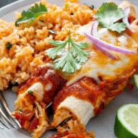 Plato De Enchiladas · Comes with choice of meat, choice of red or green Mexican enchilada sauce, cheese, rice and ...