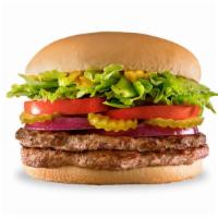 Belt Buster · 2 - 100% beef patty topped with mustard, lettuce, tomatoes, pickles, and red onions served o...