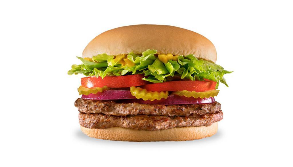 Belt Buster · 2 - 100% beef patty topped with mustard, lettuce, tomatoes, pickles, and red onions served on a warm toasted bun.