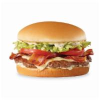 Bacon Ranch Hunger Buster · 1/4 lb Beef Pattie with Cripsy Bacon, lettuce, tomato, pepperjack cheese and Homemade Ranch.