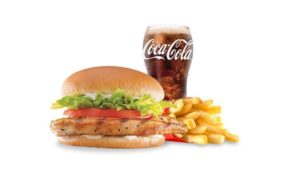 Grilled Chicken Sandwich Combo · A grilled chicken fillet topped with crispy chopped lettuce, thick-cut tomato and mayo on a warm toasted bun. Served with medium fries and your choice of medium drink.