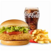Crispy Chicken Sandwich Combo · Juicy all-white meat fried chicken breast topped with crisp lettuce, ripe tomatoes, and sala...