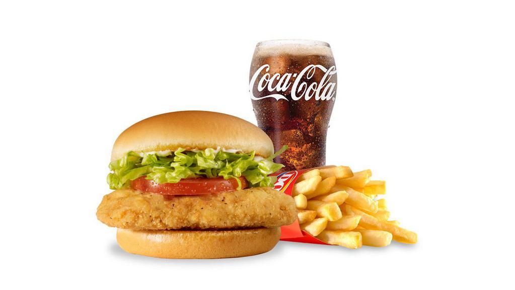 Crispy Chicken Sandwich Combo · Juicy all-white fried chicken breast topped with crisp lettuce, ripe tomatoes, and salad dressing on a toasted bun. Served with a regular side item and a medium drink.