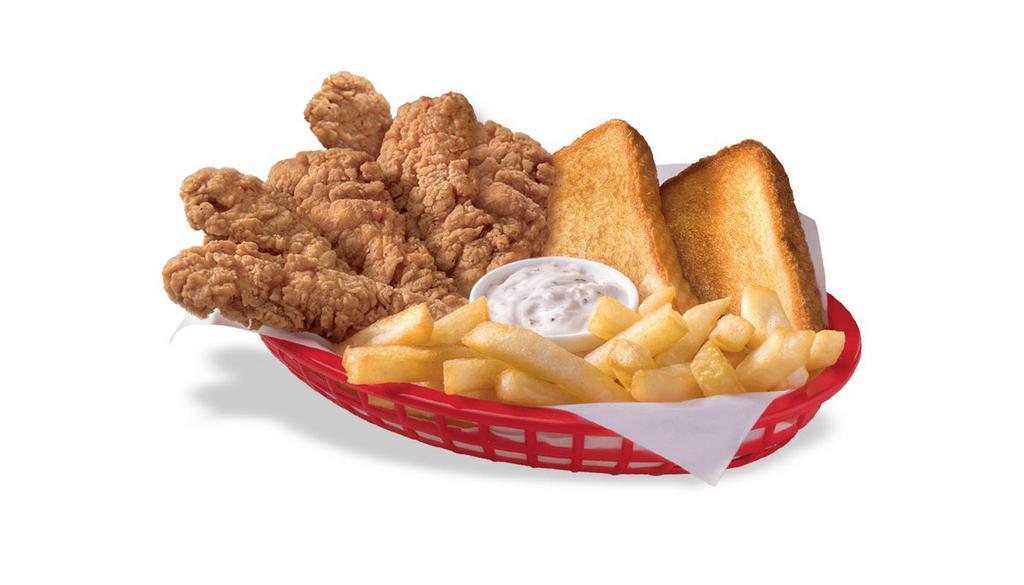 Chicken Strip Country Basket® (6 Pieces) · DQ®s crunchy, golden chicken strip country basket® is served with crispy fries, Texas toast, and the best cream gravy anywhere.