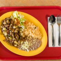Chile Verde Plate · Paired with a side of rice and beans. include rice beans and one flour tortilla.