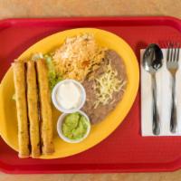 Flautas · Platters include rice beans and homemade tortillas.