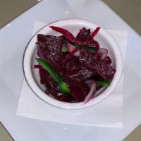 Beets · Fresh beets with jalapeno, onion, garlic, squeezed lemon juice and olive oil Injera bread no...
