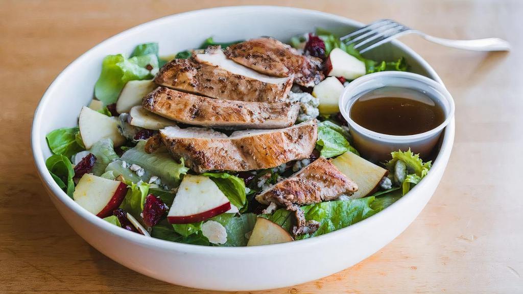 Napa Valley Salad · Grilled chicken, romaine lettuce, bleu cheese, apples, dried cranberries, almonds. 610 cal.