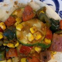 Ocho Maya (Vegan) · Vegan. Zucchini, corn, red onions, poblanos, red bell peppers, flour tortilla.