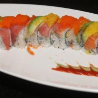 Rainbow Roll · Crab mix, cucumber, avocado topped with tuna salmon, yellowtail and masago