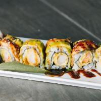 Dragon Roll · Shrimp tempura, cucumber,mayo,topped eel, avocado, eel sauce, sesame seeds