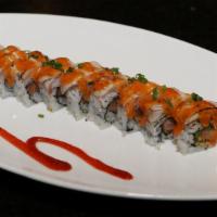 Phoenix Roll · Smoked salmon, jalapeno, tempura flake, topped with seared yellowtail, spicy mayo sauce, and...