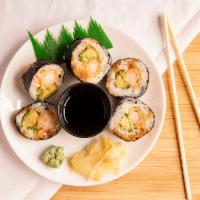 Shrimp Tempura · Shrimp tempura, crabmeat, and cucumber, topped with eel sauce.
