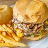Big State Burger · Angus patty & Philly meat topped with American and Swiss. lettuce, tomato, pickle, onion and...