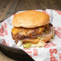 Hog Wild · bacon and cheddar/ jack cheese both blended into patty,  lettuce, tomato, onion, pickle and ...