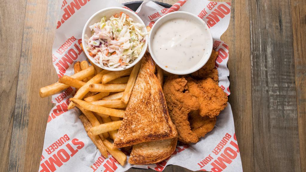 Barn Yard Basket · 4 fried chicken tenders, fries, house coleslaw, texas toast and white gravy.