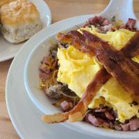 Whole Hog Skillet · For meat lovers!! Applewood smoked bacon, sausage and virginia smoked ham.