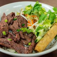 Grilled Beef Vermicelli · W/ Green lettuce, Bean Sprout, Cucumber, Pickled Carrot, Cilantro, Onion and Peanut. Served ...
