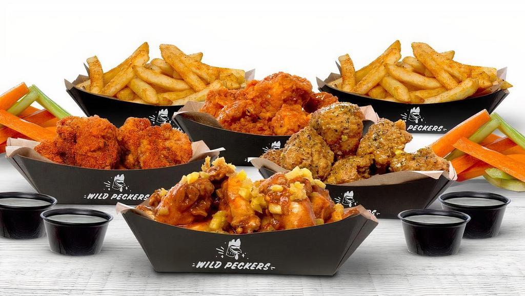 Pecker Wrecker · combo includes 80 wings (bone-in or boneless), up to 4 flavors, choice of dips, 4 sides of fries and 4 sides of veggie sticks
