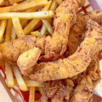 --Chicken Tenders · Four hand breaded chicken breast tenders, served with a side of fries. Your choice of (1) di...