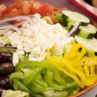 --Lg Greek Salad · Greek Kalamata olives, Roma tomatoes, red onions, bell peppers, banana peppers, cucumbers an...