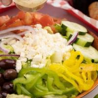 --Sm Greek Salad · Greek Kalamata olives, Roma tomatoes, red onions, bell peppers, banana peppers, cucumbers an...