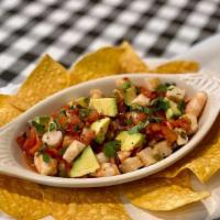 Ceviche · Tilapia marinated in lime for 6 hours then mixed with worchestershire, tabasco, onion, and j...