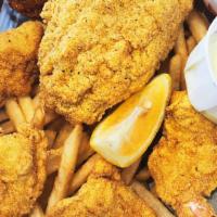 4 Shrimp & 1 Catfish Fillet · Include fries and hushpuppies.