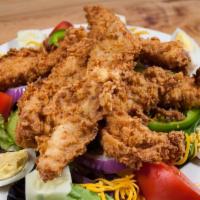 Terri'S Salad · Country fried chicken breast on a bed of lettuce with cheese, bell pepper, purple onion, tom...