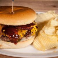 Bbq Bacon Cheddar Burger · Homestyle patty with bacon, Cheddar cheese, bbq sauce with onions and pickles. Served with R...