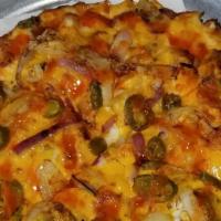 Taste Of Mexico Pizza · Bean sauce, seasoned beef, avocado, onion, tomato, black olives, jalapeÃƒÂ±o, Cheddar and mo...