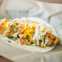 Trailer Park · Fried chicken, green chilies, lettuce, pico de gallo and cheese on a flour tortilla with POB...