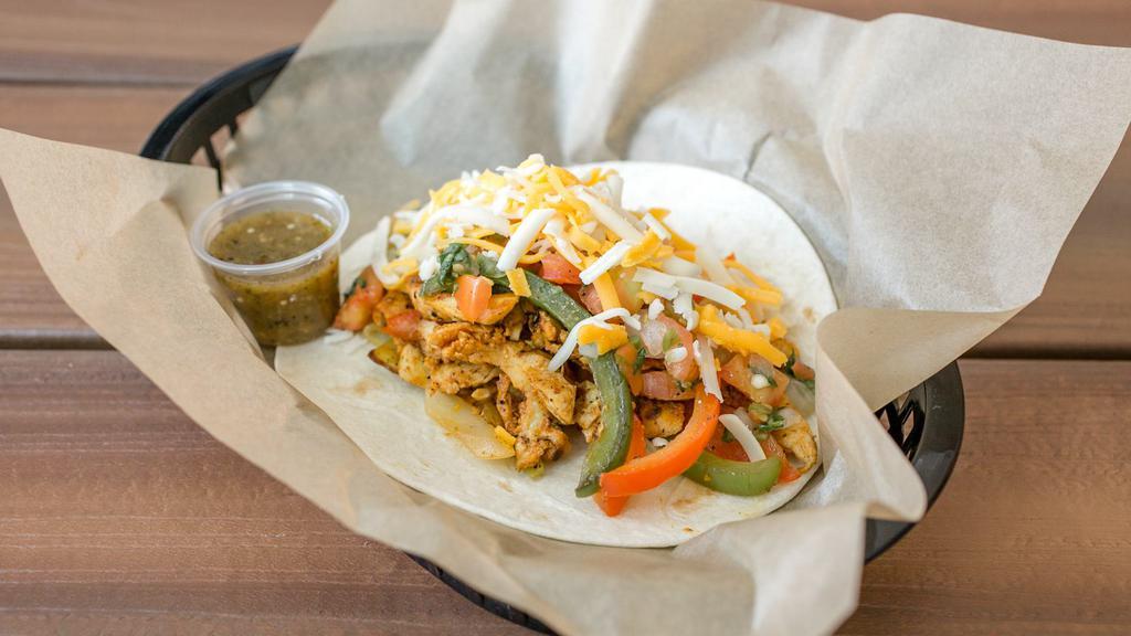 Chicken Fajita · Tender marinated & grilled chicken with grilled onions and peppers, cheese & pico de gallo. Dairy, Soy, Gluten.