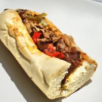 Philly. Beef · Sweet peppers, onions and mushrooms topped with lots of mozzarella served on French bread.