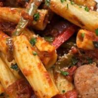Italian Sausage & Peppers W/ Rigatoni Pasta · Spicy Italian Sausage Sautéed w/ Bell Peppers & Onions – Tossed in Rigatoni Pasta & House Au...