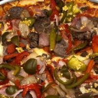Tony’S Special · Spicy Italian Sausage, Pepperoni, Ground Beef, Shaved Ham, Red & Green Bell Peppers, Red Oni...