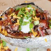 Stuffed Bbq Potato · Served with all your choice of meat and all toppings on the side (BBQ sauce, butter, cheese,...