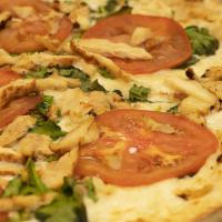 Chicken Alfredo Ny Style · Alfredo sauce, Fresh tomatoes, Grilled chicken, Fresh spinach and Mozzarella cheese.