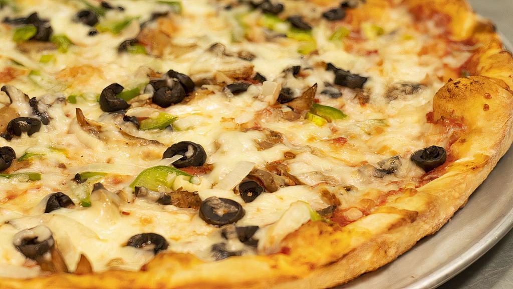 Vegetable Pizza · White onions, Mushrooms, Black olives, Bell peppers and Extra cheese.