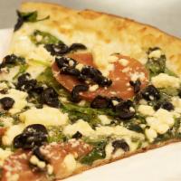 Greek Slice · Garlic & Basil sauce, Fresh tomatoes, Black olives, Fresh spinach, Feta cheese and Mozzarell...