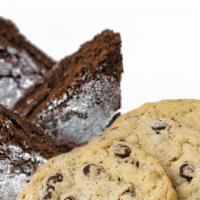 Cookies And Brownie Box · Three chocolate chip cookies and three brownies.