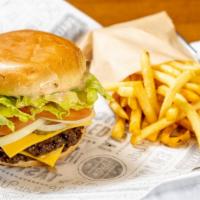 Double Cheese Burger · Plain bun, JB special sauce, lettuce, tomato, pickle, onions, 2 cheese, 2 100% high quality ...