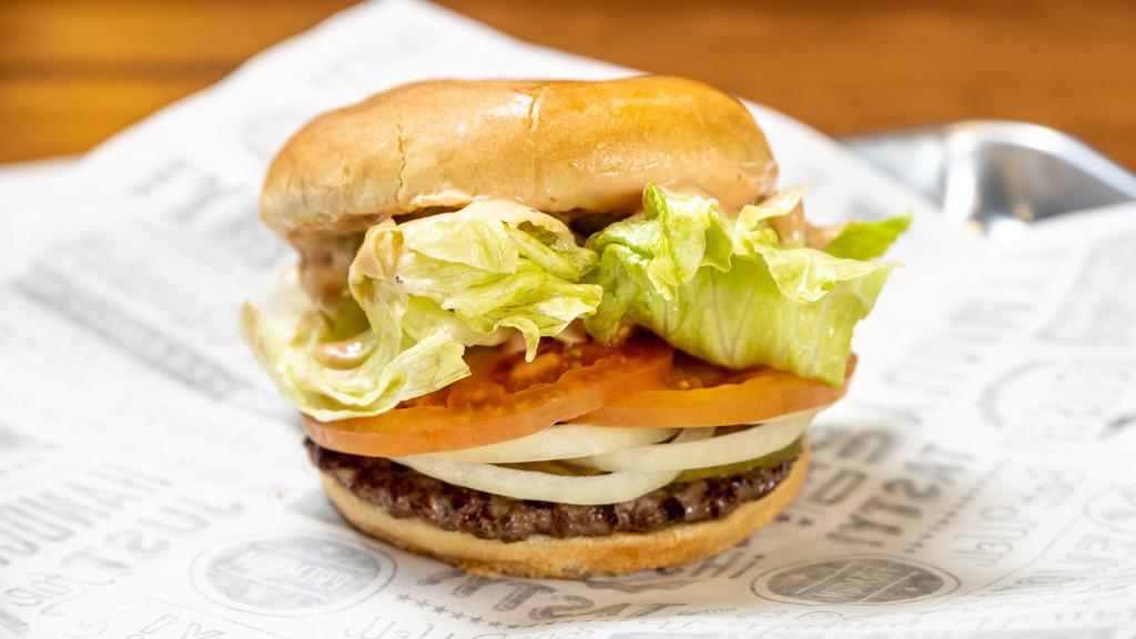 Jupiter Classic Burger · Plain bun, JB special sauce, lettuce, tomato, pickle, onions, 100%  high quality Angus fresh beef patty.