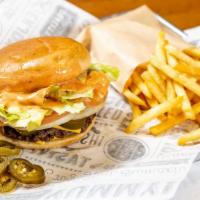 Too Spicy Cheese Burger · Spicy. Plain bun, JB special spicy sauce, lettuce, tomato, jalapeño, onions, cheese, 100% hi...